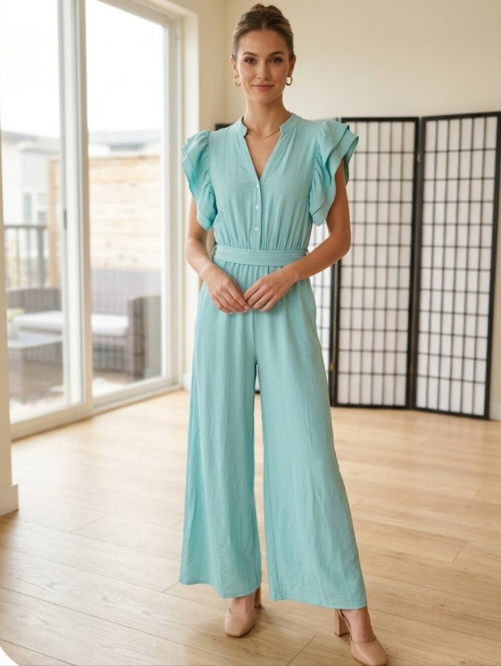 Dolce Vita Teal Resort Wear Wide Leg Fllutter-Sleeve Utility Boho Jumpsuit